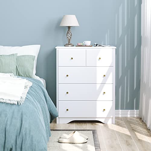Housuit Dresser With 5 Drawers, Modern Dressers For Bedroom, Wide Chest Of Drawers Clothes Organizer, Wooden Nightstand For Living Room, Closet, Hallway, White #TOP1