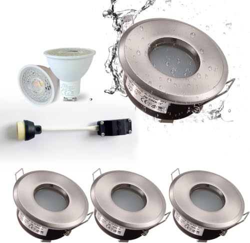 4XSweier Waterproof Bathroom Lights Ceiling Recessed IP65 5W Cool White 6000K for Bathroom and Kitchen LED Ceiling Spotlights (Incl. GU10 lamp Holder) Satin Nickel Downlight Cutout 68mm