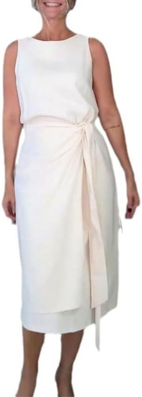 JSEIAJB Elegant White Sleeveless Midi Dress with Belted Waist Round Neck Office Casual Dress for Women Chic Slimming Party Wear(XX-Large)