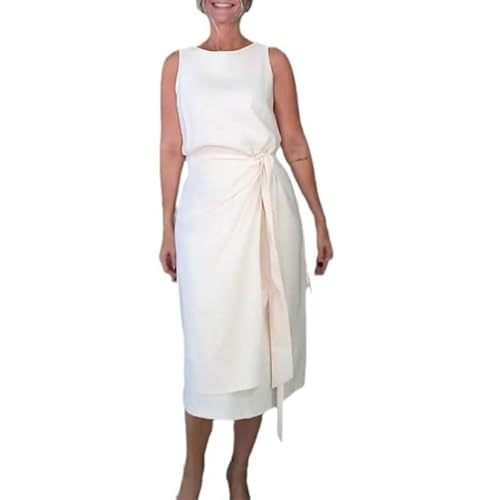 White Sleeveless Midi Dress with Belted Waist Round Neck Casual
