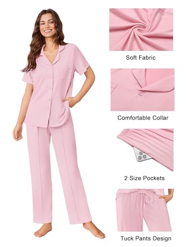 Image of Ekouaer Pajamas for Women Set Button Up Short Sleeve Pjs Sets With Pockets | Soft Womens Sleepwear,V Neck,Notch Collar,2 Piece Classic Loungewear With Long Pant for Sleep,Lounge,Fall