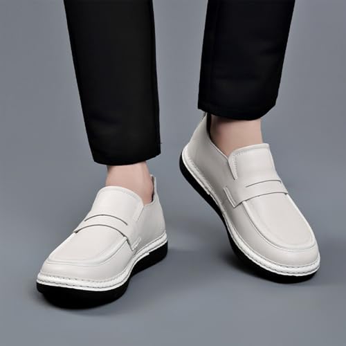 Men's PU Leather White Block Heel Loafers Comfortable Non-Slip Chunky Heel Soft-Soled Slip-on Casual Shoes3