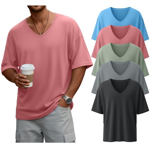 Neer 5 Pack Men's Oversized T Shirts V Neck Short Sleeve Soft Shirts Casual Basic Tee Loose Workout Solid Tops(Sky Blue, Pink, Bean Green, Light Gray, Charcoal Gray,X-Large)