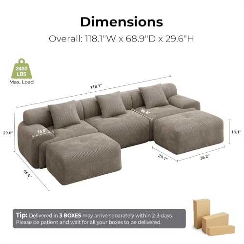 Image of LIKIMIO LumiCord 118 inch Tufted Modular Sectional Sofa, Modern U-Shaped Boneless Couch for Living Room, 26.8 inch Deep Seat, 18.1 inch High Seating, 15 inch Wide Armrest, Corduroy, Light Brown