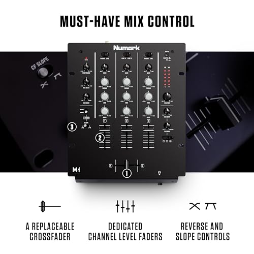 Image of Numark M4 |3-Channel Rack Mountable Scratch DJ Mixer, Combo Jack Connection, with 3-Band EQ, Club-Ready Inputs, Mic Input and Reverse /Slope Controls, Black
