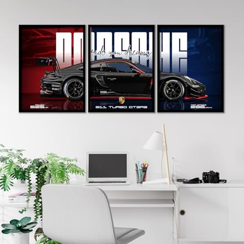 Image of ARTELLY Big Porsche 911 GT3rs Sports Car Framed Wall Posters, Set of 3, Premium Framed Painting, Living Room Bedroom Decoration, Large Size Gift Item for Boys Room Decor (Porsche 4, 19x25 inch)