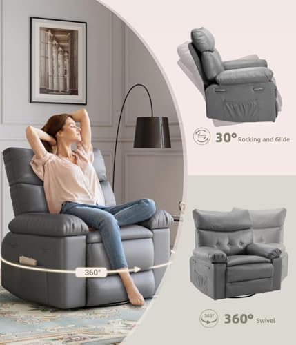 Image of Oversized 360 Swivel Rocking Recliner Chair with Massage & Heat, Ergonomic Lazy Chair with Remote Control for Living Room, Bedroom & Nursery, Gray