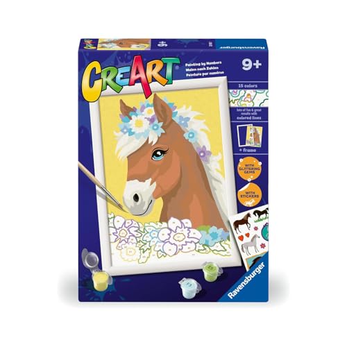 Ravensburger CreArt : Horse in The Flowers - Peinture avec Chiffres pour Enfants de 9 Ans et Plus, kit de Peinture avec Planches, Cadre, Pinceau et Couleurs Inclus, 25 x 18,30 cm, idées Cadeaux