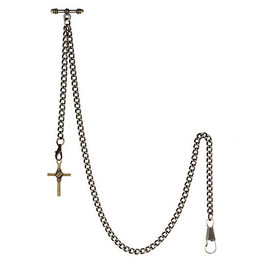 TREEWETO Albert - Reloj de bolsillo con cadena para hombre, 2 ganchos, diseño de cruz envejecida, color bronce