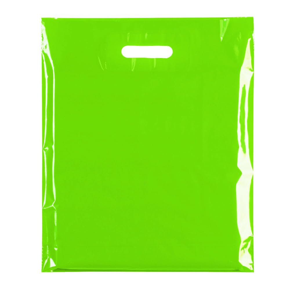 100x HEAVY DUTY STRONG COLOURFULL PLASTIC CARRIER PATCH HANDLE BAGS, PARTY, BOUTIQUE GIFT BAGS (Lime Green, LARGE (22" X 18"+4))
