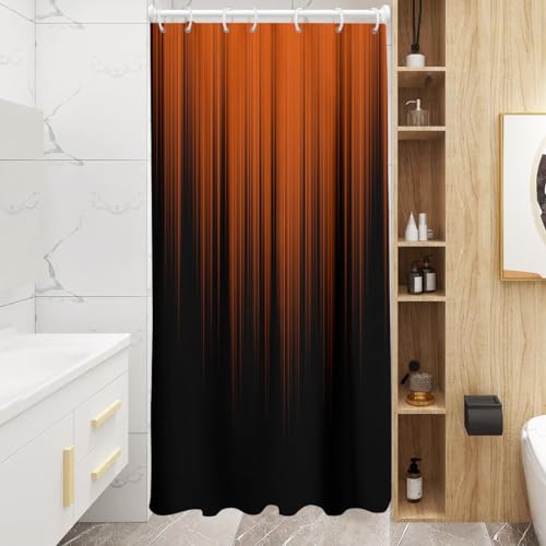 Image of AAtter Orange Black Ombre Shower Curtain, Small Stall 36x72 Inch, 7 Hooks | Terracotta Striped Polyester Fabric, Dark Modern Abstract Style, Cool Anime Design, Single Narrow Bathroom Decor for Men