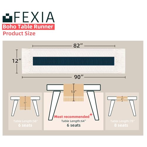 Image of FEXIA Boho Blue Table Runner 90 Inches Long with Tassels Macrame Farmhouse Summer Style Graduation Party Rustic Wedding Baby Shower Dining Kitchen Living Room Decor (12x90 Inches)