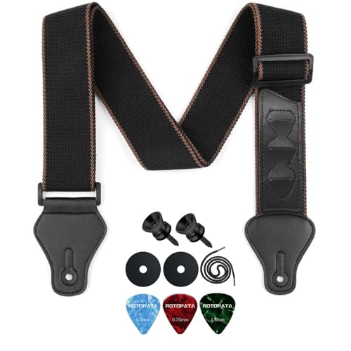 ROTOPATA Acoustic Guitar Strap with Pick Holders, Adjustable Leather Straps with 2 Buttons 2 Locks 3 Guitar Picks, Guitar Accessories for Electric Bass Ukulele, Black