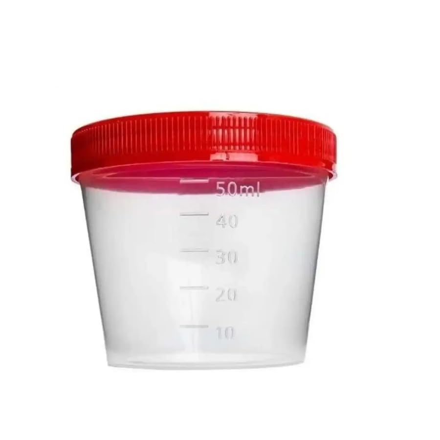Coletor de Urina Estéril, 50ml, Tampa Vermelha, Frasco Graduado com Rosca, Sem Pá - Pacote com 100 Unidades
