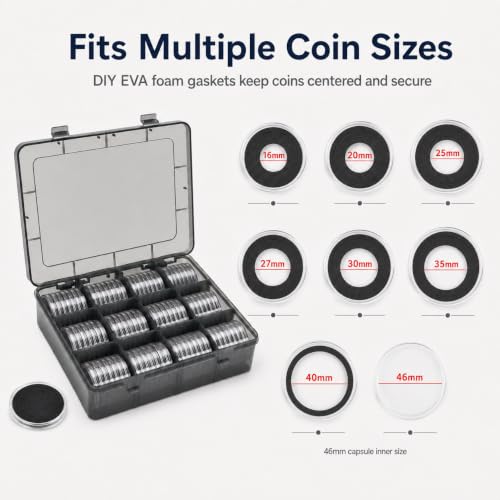 Image of 84 Pieces 46 mm Coin Capsules, with Foam Gasket and Plastic Storage Box
