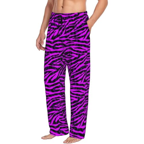 Mens Pajama Pants - Black Purple Zebra Print Soft Sleep Lounge Pants For Men, Casual Pj Bottoms With Pockets