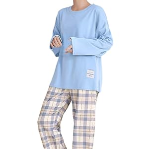 Sleep Loungewear Schlafanzug Flanell Pyjama,Schlafanzug Damen Pyjama Set Lang Zweiteiliger Nachtwäsche Raglanärmel Sleepwear und Karierte Pyjamahose Hausanzug Freizeitanzug Loungewear Hellblau M