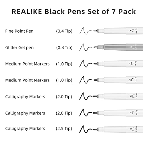 Image of REALIKE Variety Pens for Cricut Maker 3 /Maker 4 /Maker /Explore 3 /4 /5 /Air 2 /Air,Black Pens Set of 7Pack Include Fine Point Pen,Glitter Gel, Marker, Calligraphy Writing Drawing Pens