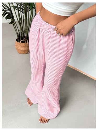 MakeMeChic Women's Y2K Striped Pants Elastic Low Rise Bell Bottoms Wide Leg Lounge Pants3
