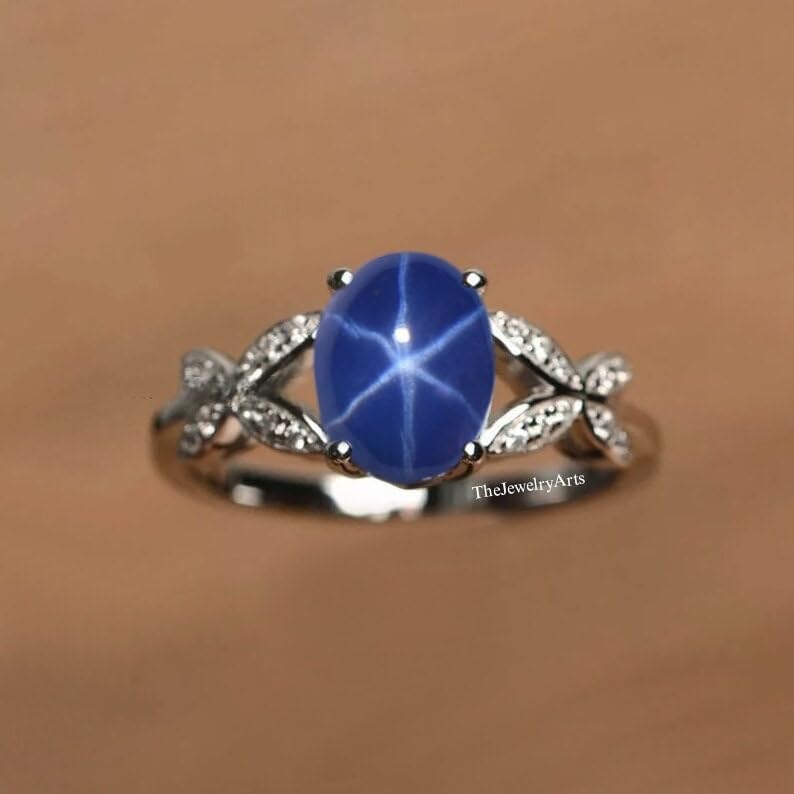 Blue Star Sapphire Ring – 6 Ray Star Ring for Women – 925 Sterling Silver Sapphire Engagement Ring – Vintage Style Jewelry Gift