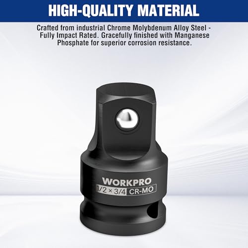 Image of WORKPRO CR-MO 1 /2F to 3 /4M Impact Socket Adapter, Square Drive Reducer | CR-MO Steel, Ball-Detent Retention and Phosphate Finish; 1 /2F-to-3 /4M Conversion for Impact Wrenches, Ratchets and Sockets