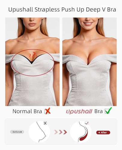 Image of Upushall Strapless Bra Push Up Non Slip Deep V Plunge Underwire Bras for Women Super Padded Add 1 Cup