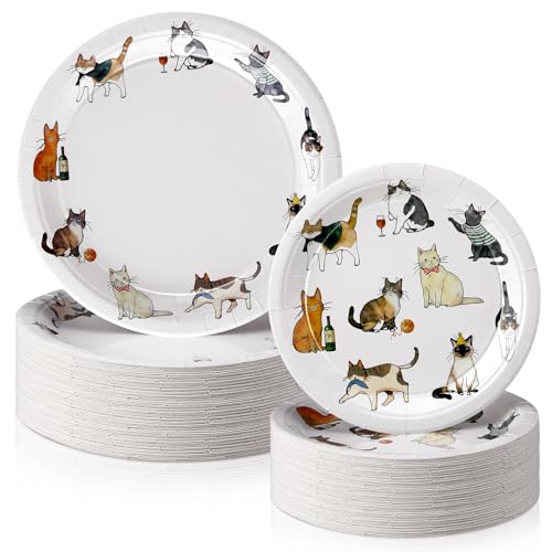 Funnymoom 48 Pcs Sweet Cat Life Theme Paper Plates Set Include 9 Inch and 7 Inch Cute Cat Texture Disposable Plates Spring Summer Decorative Party Tableware for Home Table Party Supplies