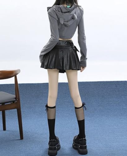 Women's PU Leather Short Skirt High Waist A-Line Flowing Hem Casual Pleated Fashion Skirts with Lining3