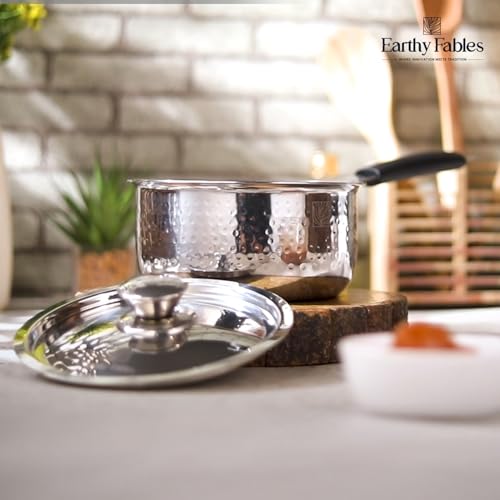 Image of Earthy Fables Hammered Stainless Steel Saucepan with Steel Lid, Food Safe, Rust Resistant, Toxin-Free, Stove & Induction Bottom, Easy to Clean, Multipurpose Pan for Tea, Milk & Sauces, 14 cm, 1.1 L