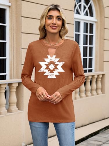 Binshre Cowboy Chic Keyhole Sexy V Neck Country Music Tops for Women Vintage Aztec Western Cowgirl Shirts Casual Long Sleeve Graphic Tees — view 2