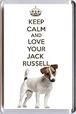 Design unico. A fridge magnet with a picture of a Jack Russell Terrier Dog with the wording KEEP CALM AND LOVE YOUR JACK RUSSELL from our unique KEEP CALM and CARRY ON gift range. An original Birthday or Christmas stocking filler gift idea for a dog lover! by Yummy Grandmummy