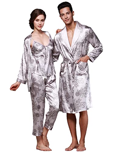 Image of ZUEVI Men's Kimono Robe Silk Satin Long Sleeve Spa Bathrobe Lightweight Soft Silky Pajamas Robes