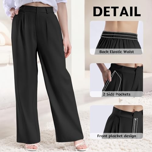 Glacspyg Damen Herbst und Winter Hohe Taille Freizeithosen Hochdichter Polyester Elasthan Stoff Business Arbeitshosen Glatte Elegante Weite Hosen mit Taschen Schwarz S