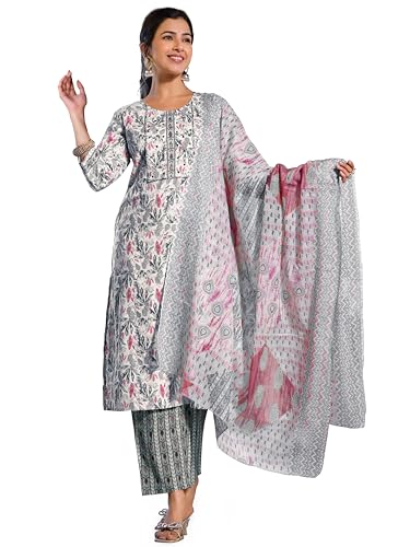 Image of MIRCHI FASHION Women's Straight Fit Pure Cotton Jaipuri Floral Printed Sequins Thread Work Kurta Set with Dupatta and Trouser
