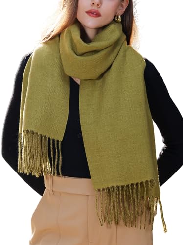 Wander Agio Womens Thick Blanket Scarf Long Shawl Large Scarves Cashmere Feel Double-side Pure Shiny Candy Color Wasabi Green 17