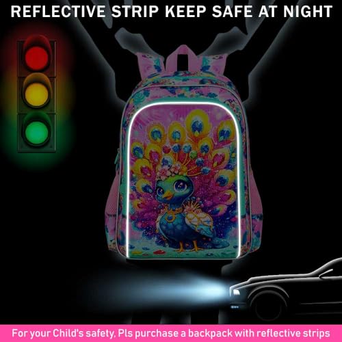 Image of 3Pcs Backpack for Girls, 16 inch Kids Bookbag with Lunch Box,Peacock School Backpacks for Elementary Preschool Kindergarten (Pink)
