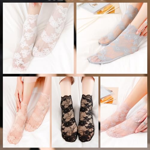 5 Pairs Black Lace Socks, Lace Socks Women, Women‘s Ankle Ruffle Frilly Sock Summer Sexy Girls Thin Fashion Sexy Transparent Black White Skin Color Grey3