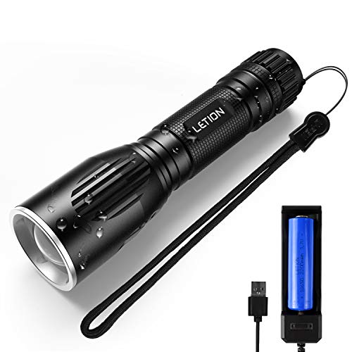 LETION Lampe de Poche LED Puissante,Lampe Torche Rechargeable USB,5 Modes d'éclairage,1500 Lumen,IPX4 étanche,Randonnée Camping Éclairage de sécurité Batterie Rechargeable 18650 Incluse