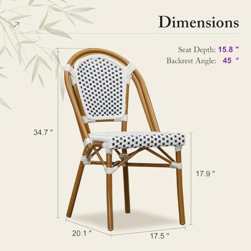 Image of PURPLE LEAF Outdoor Dining Chair Set of 4 Patio French Aluminium Frame in Bamboo Finish with Sky Blue & White Woven Rattan for Indoor Kitchen Deck Bistros Cafe Restaurant
