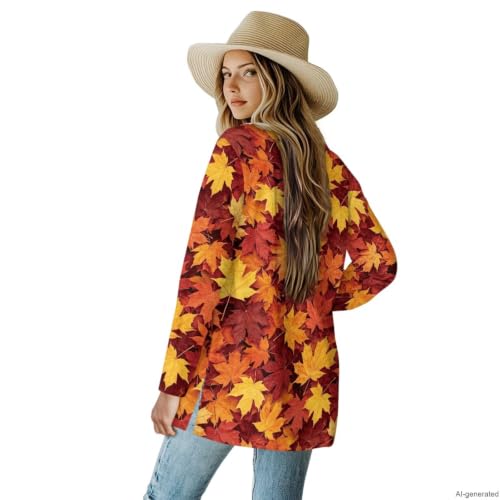 Image of Fall Maple Leaf Cardigan Sweaters for Women Long Sleeve Cardigan Soft Drape Open Front Dusters V-Neck Jackets Dressy