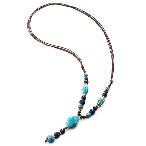 COOLSTEELANDBEYOND Azul Cerámico Cadena de Perla Y-Forma Collar, Statement Collar, Perla Borla