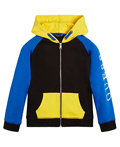 GUESS Boys' Eco French Terry Color Block Logo Zip Front Hoodie, Blue and Yellow Combo, 4