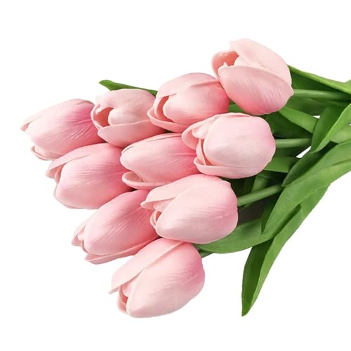 Image of 20Pcs Stems 13.5 Inch Candy Pink PU Artificial Moisturizing Tulips, Faux Candy Pink Tulips Flowers for Thanksgiving Christmas Decorations Wedding Home Table Vase Floral Arrangements