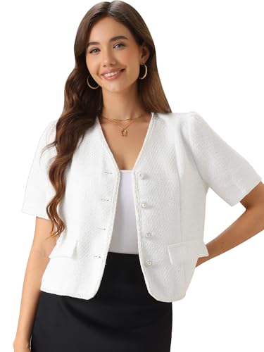 Allegra K Cropped Blazer for Women's Tweed Collarless Short Sleeve Blazer Jacket - Main Image