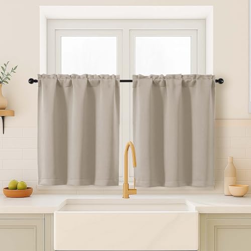 Image of Blackout Curtains for Small Window Treatment, Light Blocking Short Kitchen Window Curtains Over Sink, Dual Rod Pocket Half Window Tiers for Bathroom Basement, 2x40Wx36L, Biscotti Beige