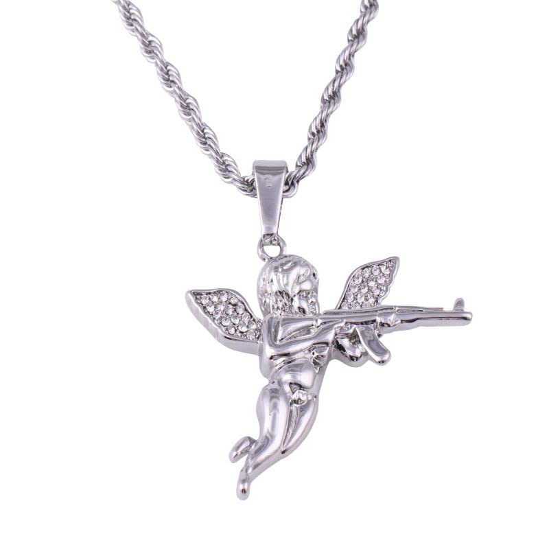 Angel Pendant Necklace with Rifle AK-47 Fashion Hip Hop Punk Pendant with Shiny Rhinestones Silver Color
