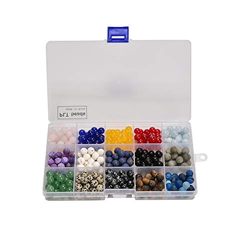 PLTbeads Gemstone Beads 8mm Round 15 Colors Assorted Box Set Matte Lapis Lazuli Agate Smooth Red Jade Snowflake Obsidian Crystal Energy Stone Healing Power Gemstone Loose Beads for Jewelry Making