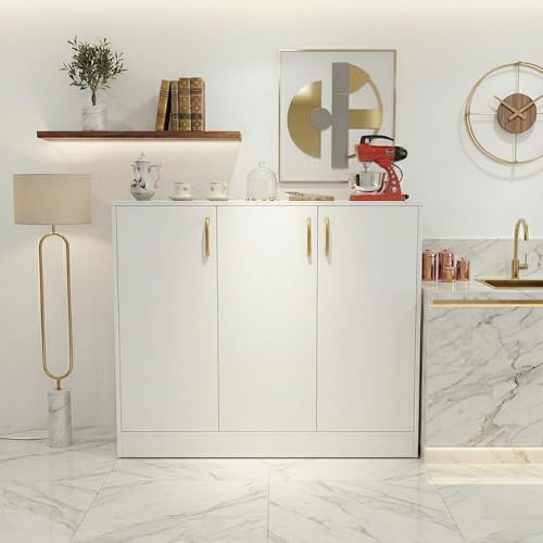 Image of Spyder Craft Modern Engineered Wood Sideboard & Crockery Cabinet - 3-Door Storage Organizer with Gold-Finish Handles and Geometric Pattern for Living Room, Kitchen, and Office (White)