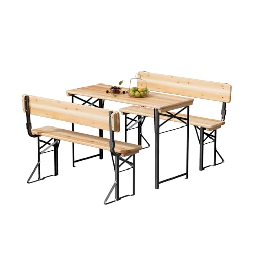 Bonnlo 3-teiliges Bierzeltgarnitur mit Rückenlehne Gartenmöbel Set Picknick-Set aus Tannenholz mit Metallgestell Faltbares Camping-Möbelset für Innen & Außen 113 5 x 50 x 74 5 cm Naturholzfarbe