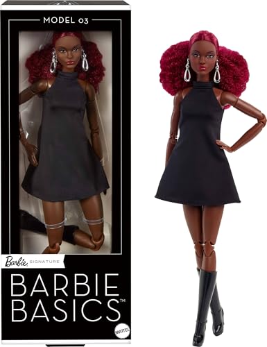 Barbie Basics Model 03 Collector Doll with Red Curly Hair, Black Mini Dress & Boots, Universal-fit Fashions, Posable Tall Body & Swappable Doll Head